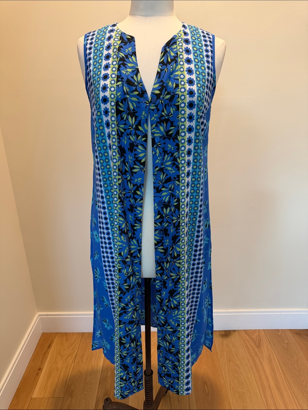 Bob Mackie Wearable Art Blue Floral Duster Long Vest